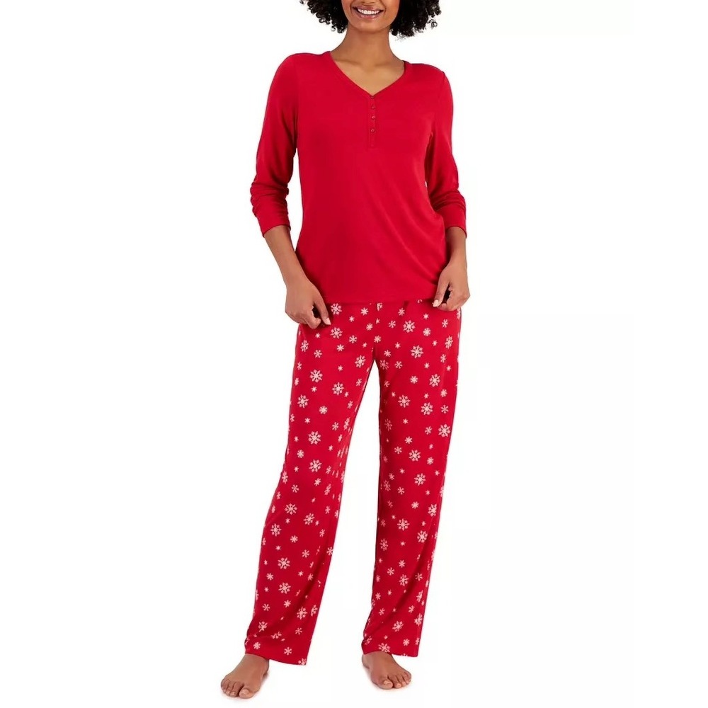 Charter Club Intimates Womens Pajama Set Red Confetti Dot Henley Large NWT
